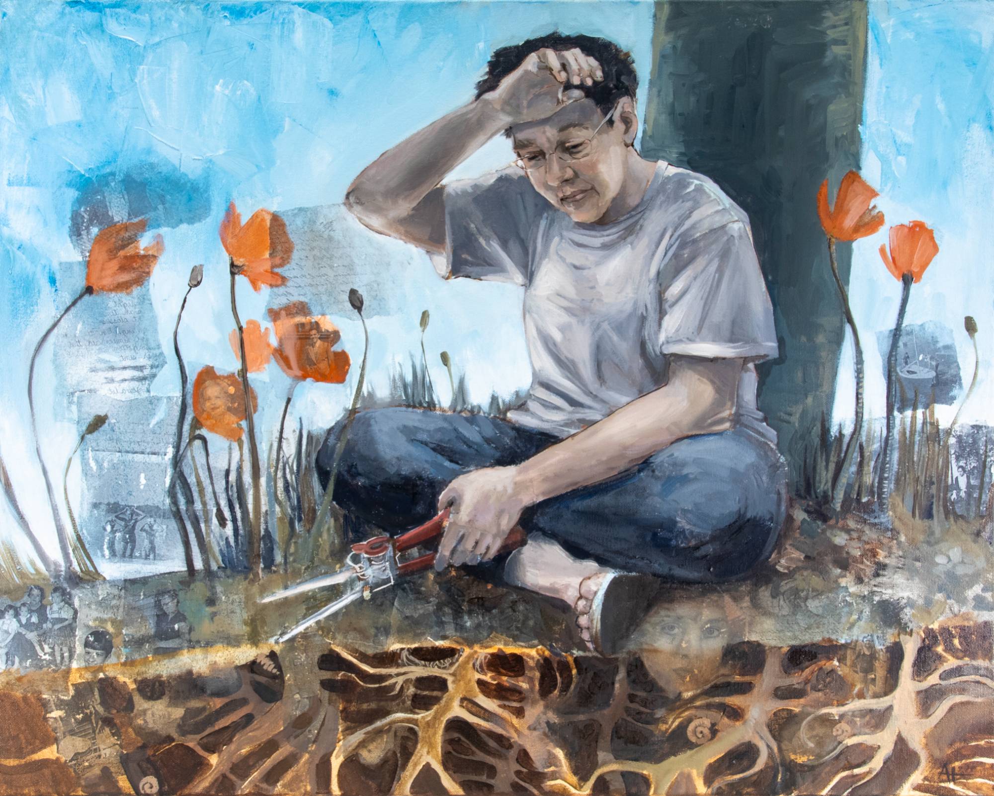 Color painting of a person sitting on the ground near a tree surrounded by flowers and photo images. Roots visible below the ground.